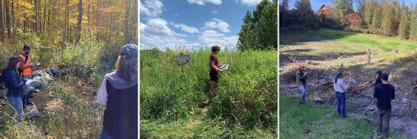 Three staff verify a clean water project at Beecher Hill, a staff member inspects a project, and a group receives training in project assessment at Crooked Creek. Staff with clipboards in forest and field settings.